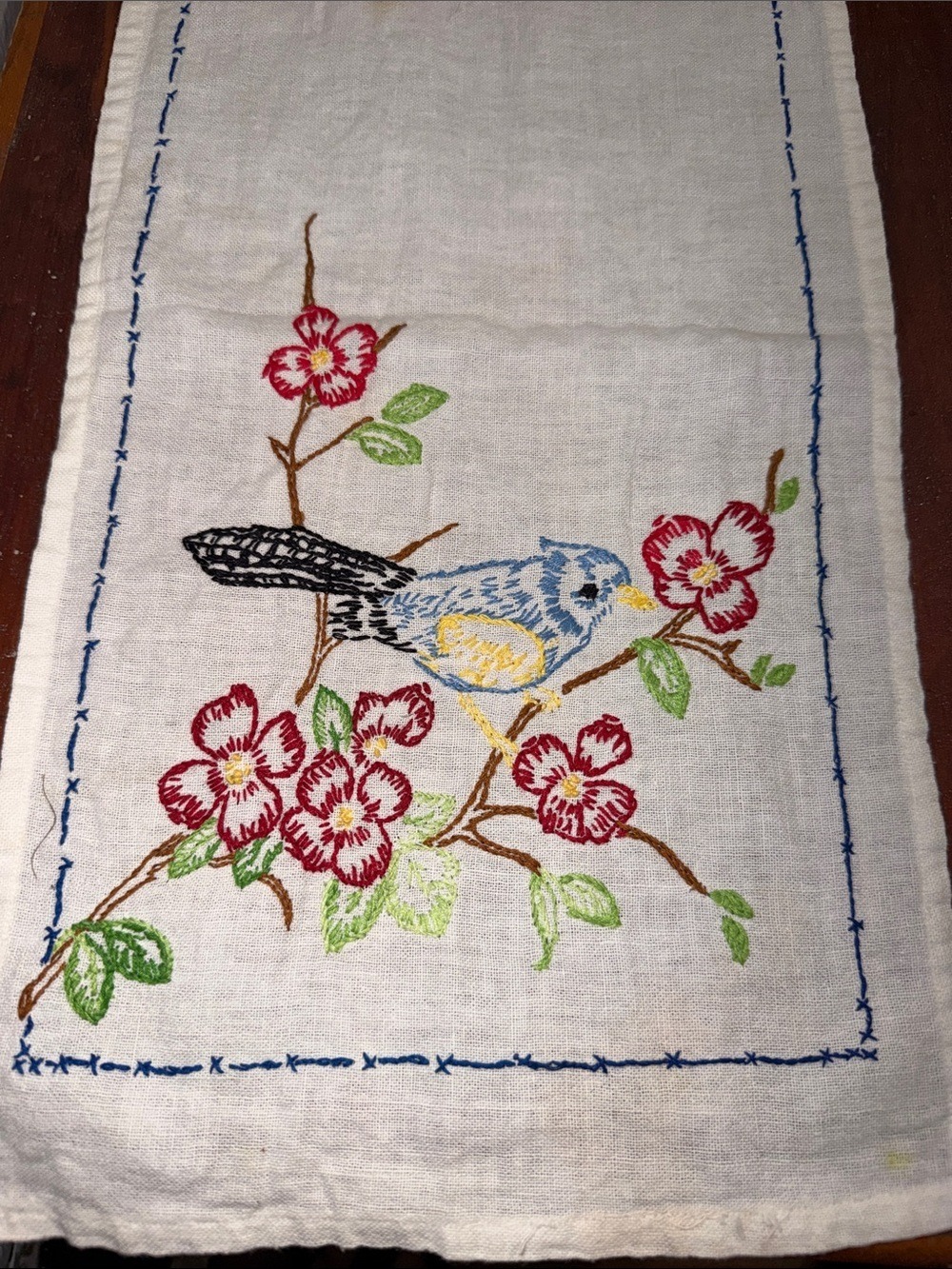 Vintage Floral Lace Table Runner Roses Blue Birds Flowers
